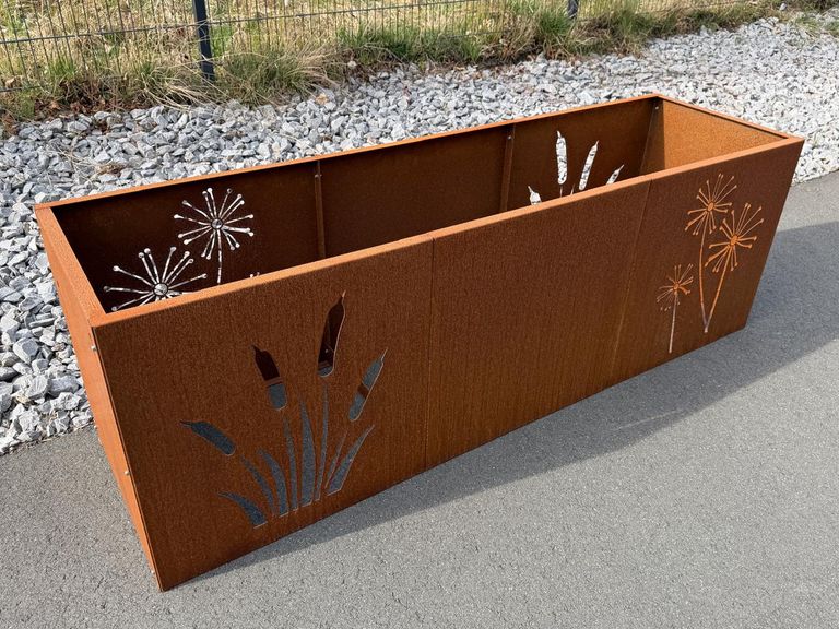 Hochbeet Cortenstahl 3 Fächer mit Motiven Pampasgras und Pusteblume